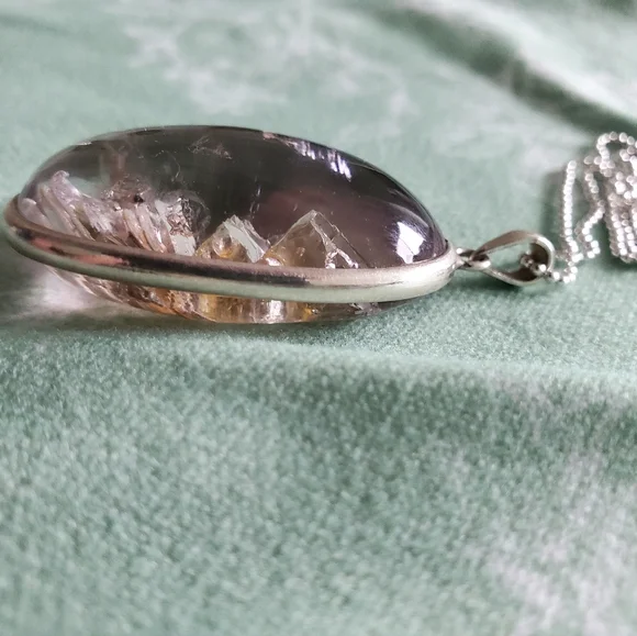 Rare Quartz Enhydro Quartz Set In Fine 990 Silver Necklace OOAK crystal Artisan - Picture 9 of 10